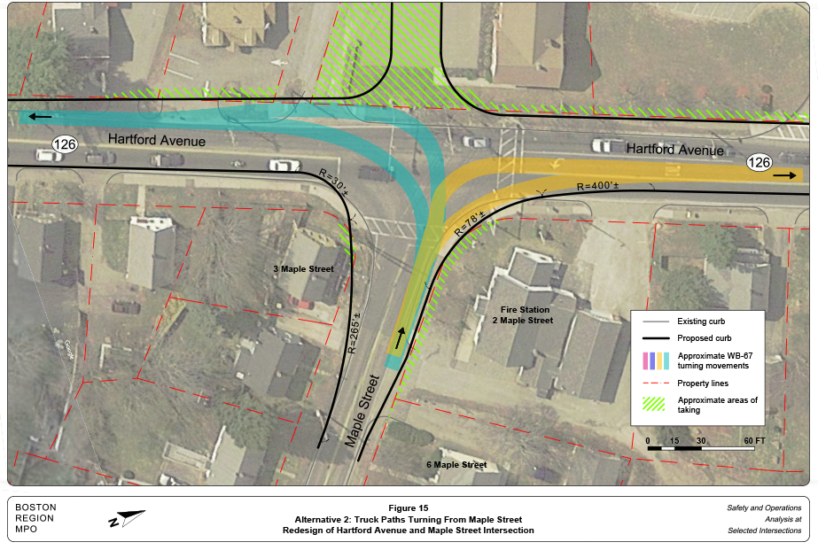 FIGURE 15. Alternative 2: Truck Paths Turning From Maple Street
Figure 15 shows how Alternative 2 accommodates the turning movements of a WB-20 semitrailer.
FIGURE 15. Alternative 2: Truck Paths Turning From Maple Street
Figure 15 shows how Alternative 2 accommodates the turning movements of a WB-20 semitrailer.